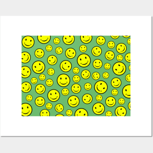 Smiley Faces Seamless Pattern on Fern Green Background Posters and Art